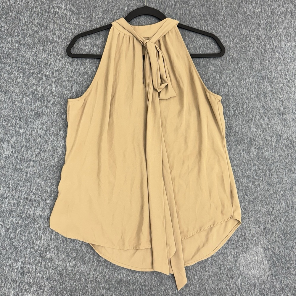 New York & Company Tan Tie Neck Sleeveless Blouse Women's Medium Career Top